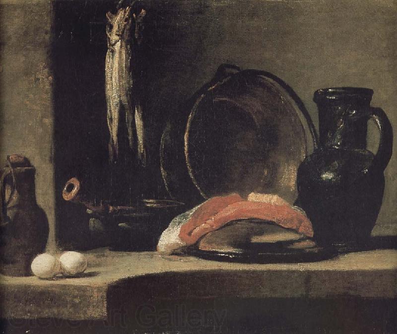 Jean Baptiste Simeon Chardin Watering can two egg earthenware cooking pot three yellow eye monkshood fish copper clepsydra fish fillet and jar